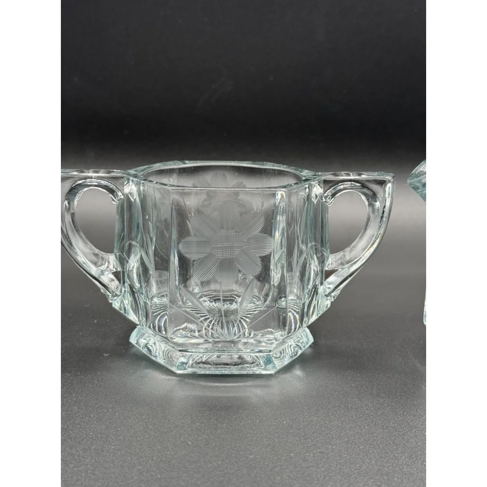 Vintage Heavy Glass Hexagon Creamer and Sugar Bowl Set Etched Floral Daisy